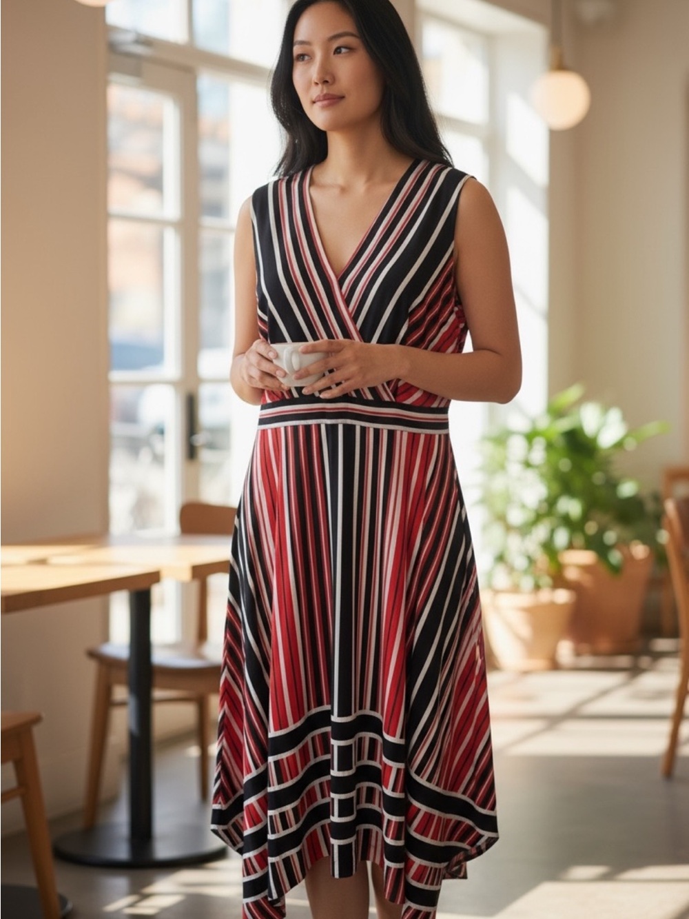 NWT Karl Lagerfeld Paris Dress 16 Sleeveless V-Neck Striped Midi Red Black